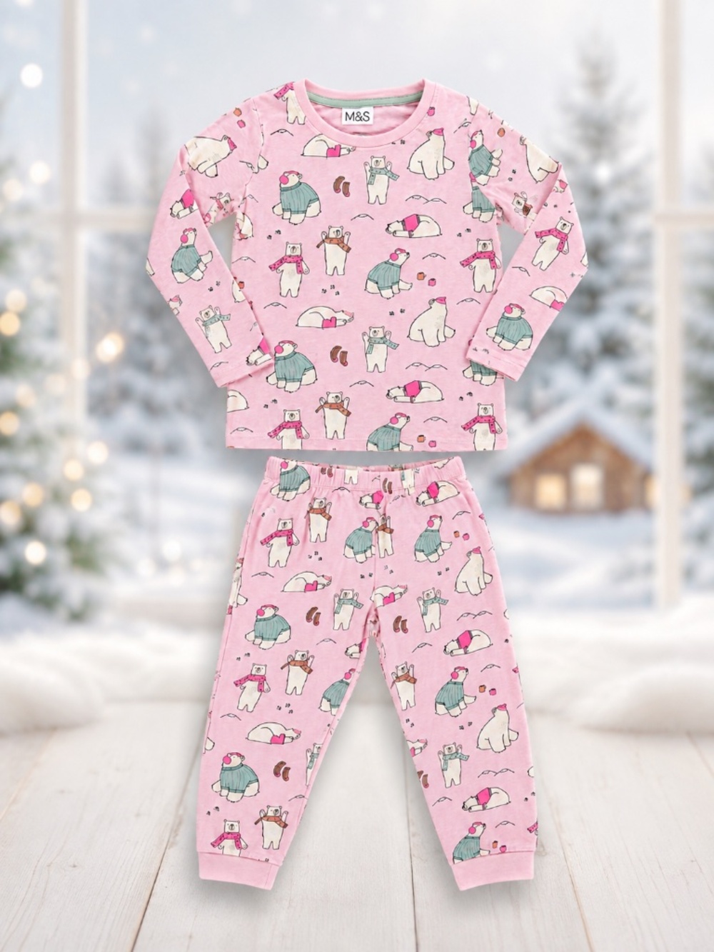 M&S Kids Pink Polar Bear Winter Pajama Set – Size 5–6 Years
